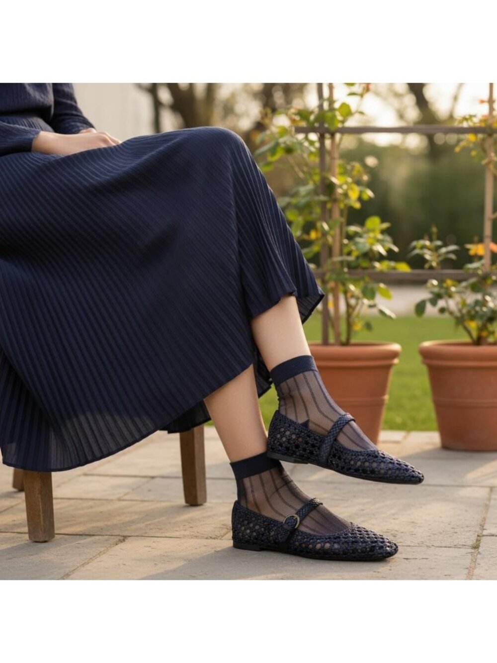 Women's Navy Woven Comfortable Braided Adjustable Buckle Mary Jane Ballet Flats - Picture 3 of 6